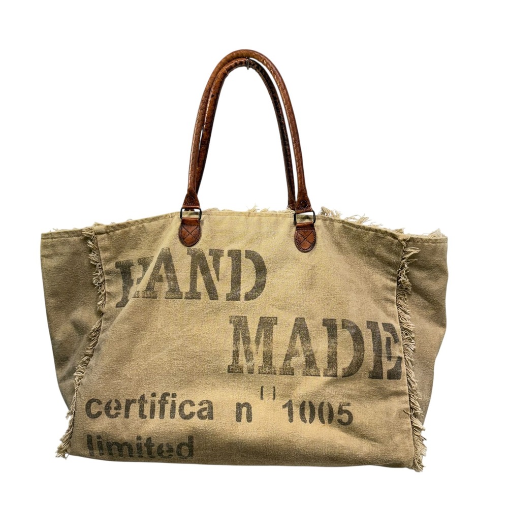 Mona B Hand Made Graphic Canvas Tote Bag Leather Trim Frayed Tan Large